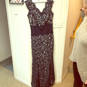 Navy blue floral lace formal gown